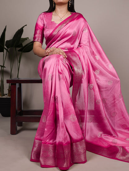Rani Pink Rumali Silk Saree with Elegant Zari Weaving Matching Blouse