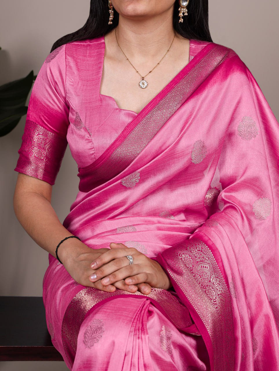 Rani Pink Rumali Silk Saree with Elegant Zari Weaving Matching Blouse