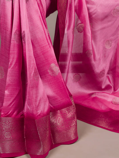 Rani Pink Rumali Silk Saree with Elegant Zari Weaving Matching Blouse