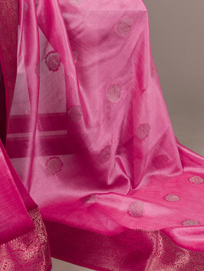 Rani Pink Rumali Silk Saree with Elegant Zari Weaving Matching Blouse