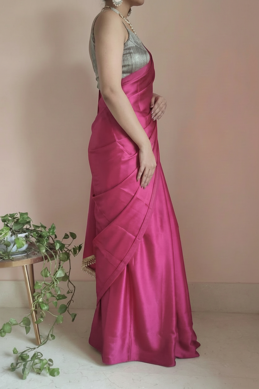 Rani Pink Satin Saree with Contrast Malbari Weaving Blouse
