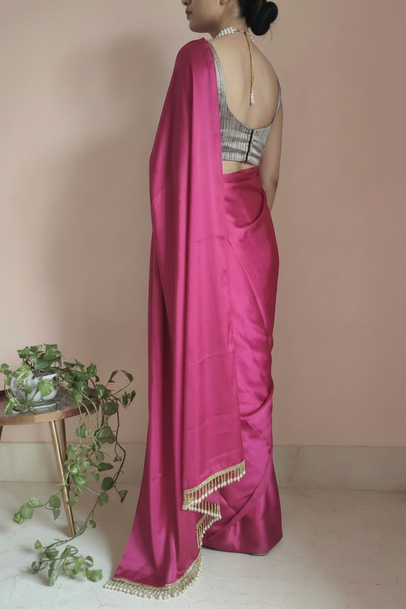 Rani Pink Satin Saree with Contrast Malbari Weaving Blouse