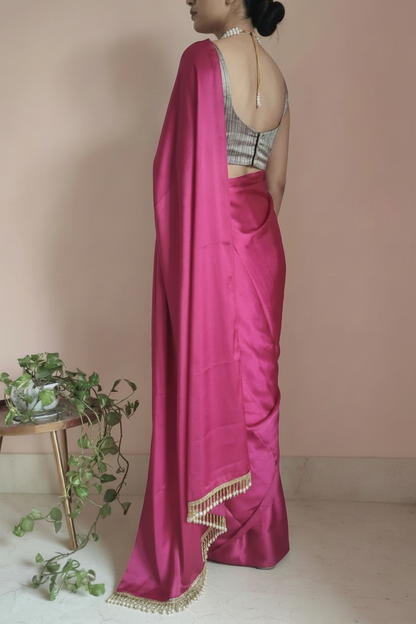 Rani Pink Satin Saree with Contrast Malbari Weaving Blouse