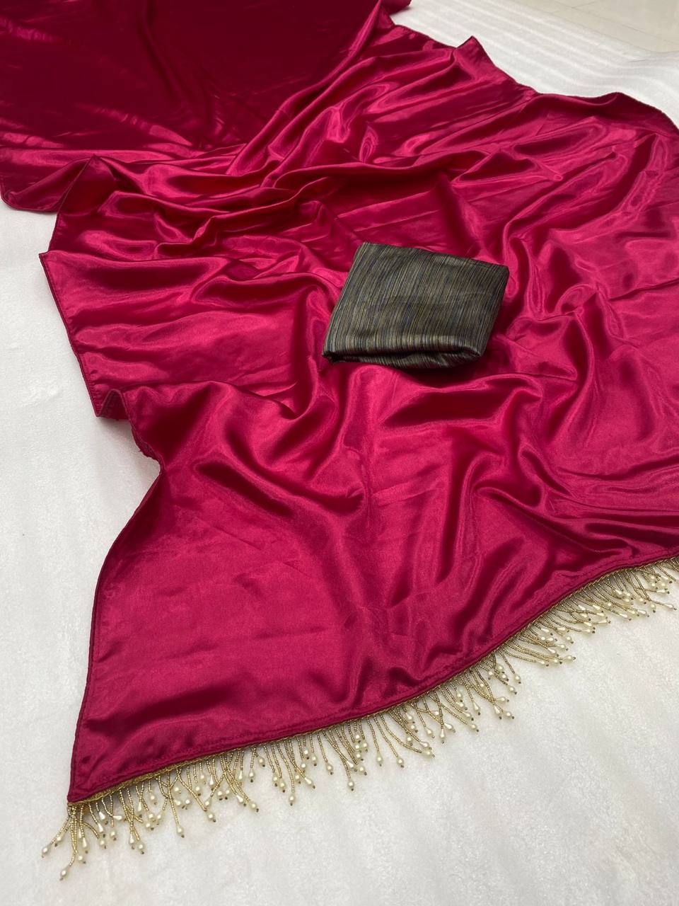 Rani Pink Satin Saree with Contrast Malbari Weaving Blouse