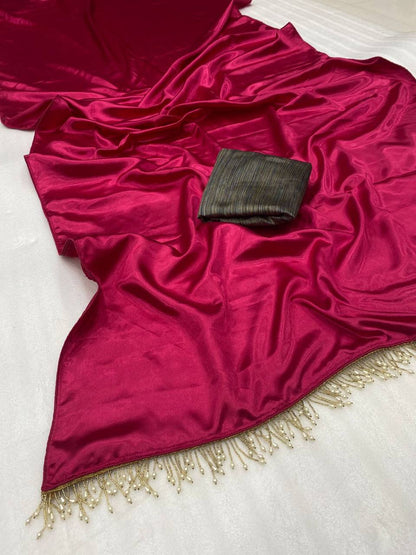 Rani Pink Satin Saree with Contrast Malbari Weaving Blouse