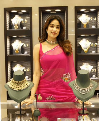 Rani Pink Soft Georgette Elegant Designer Thread Handwork Saree