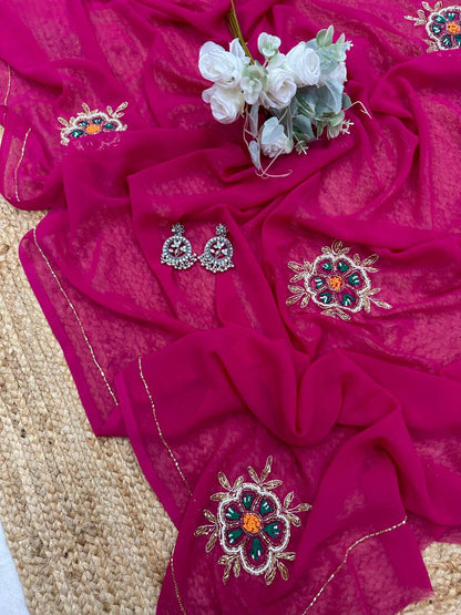 Rani Pink Soft Georgette Elegant Designer Thread Handwork Saree