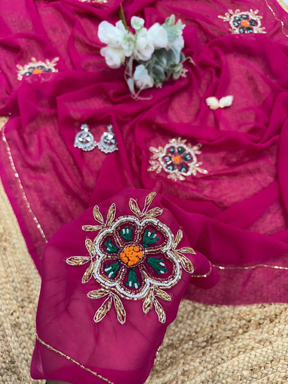 Rani Pink Soft Georgette Elegant Designer Thread Handwork Saree