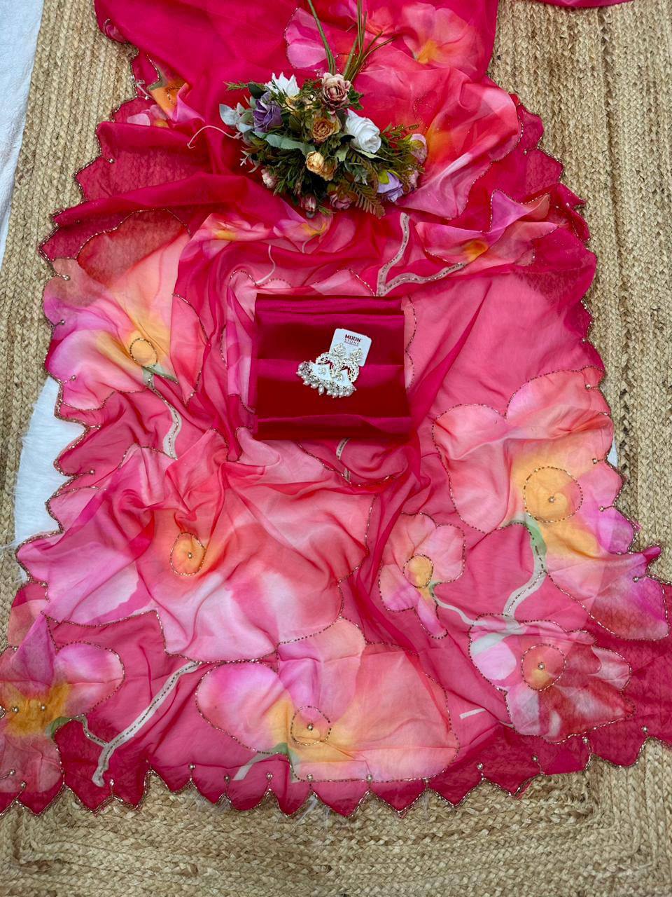 Rani Pink Soft Tebi Silk Digital Print Saree with Designer Blouse