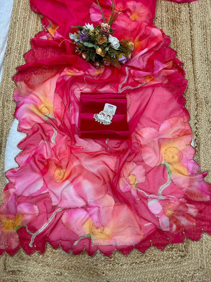 Rani Pink Soft Tebi Silk Digital Print Saree with Designer Blouse