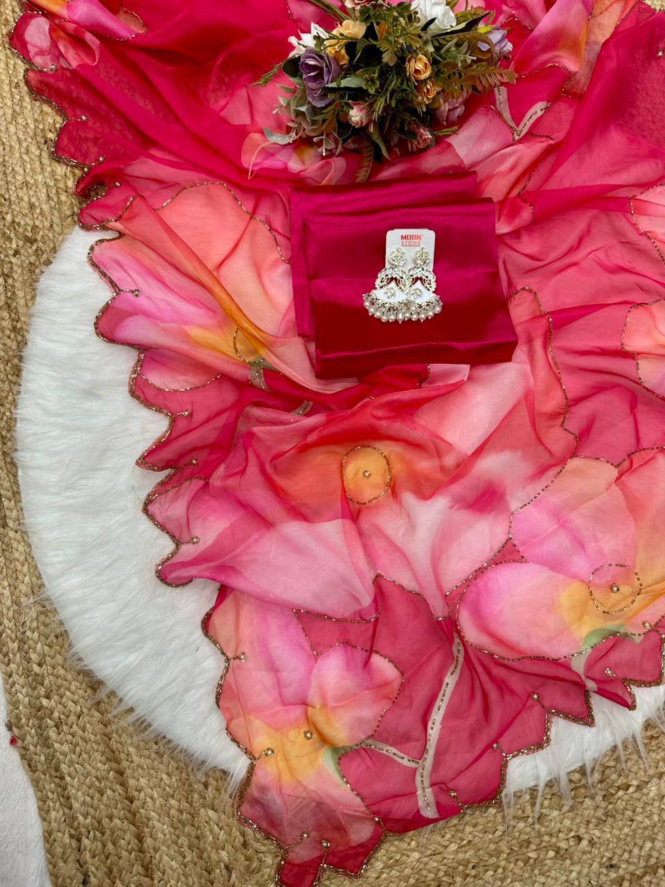 Rani Pink Soft Tebi Silk Digital Print Saree with Designer Blouse