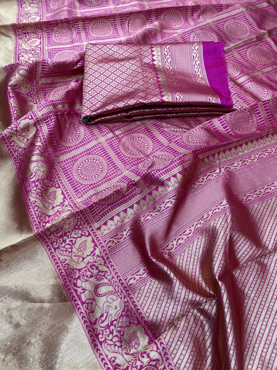Rani Pink Traditional Kanchipuram Saree with Chex Weaving Woven Blouse