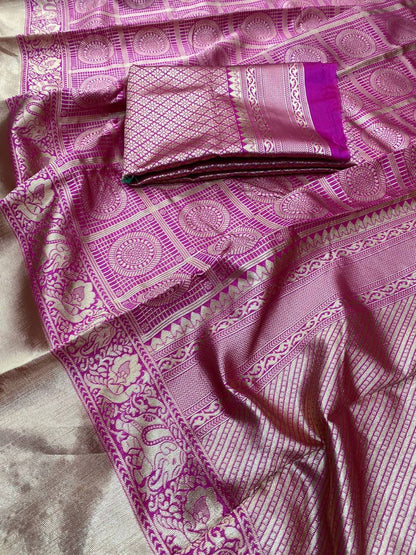 Rani Pink Traditional Kanchipuram Saree with Chex Weaving Woven Blouse