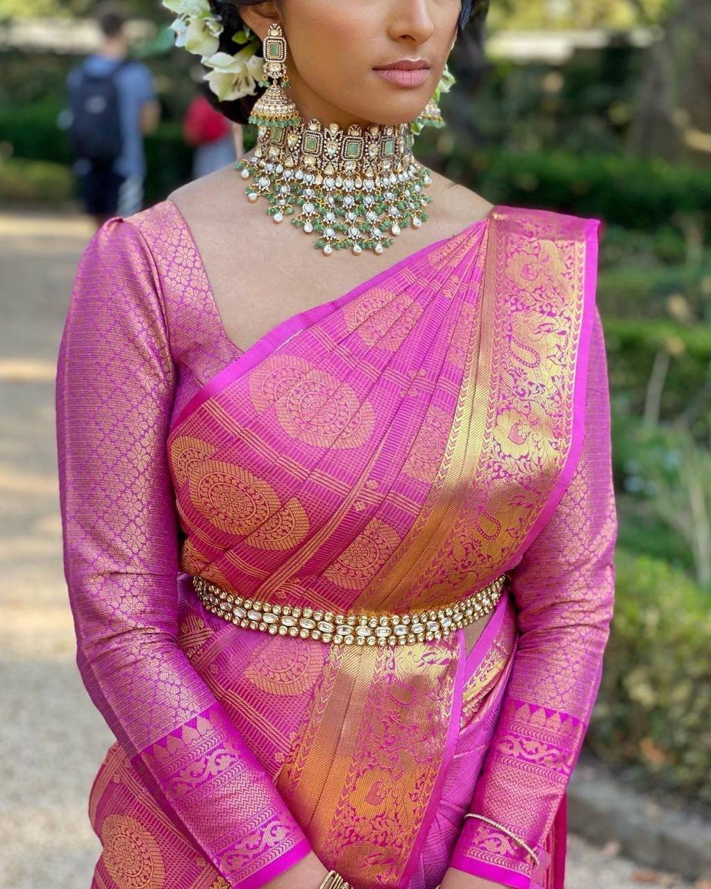 Rani Pink Traditional Kanchipuram Saree with Chex Weaving Woven Blouse