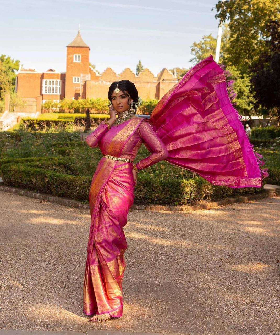 Rani Pink Traditional Kanchipuram Saree with Chex Weaving Woven Blouse