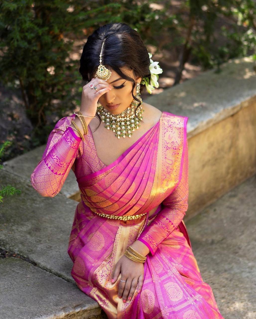 Rani Pink Traditional Kanchipuram Saree with Chex Weaving Woven Blouse