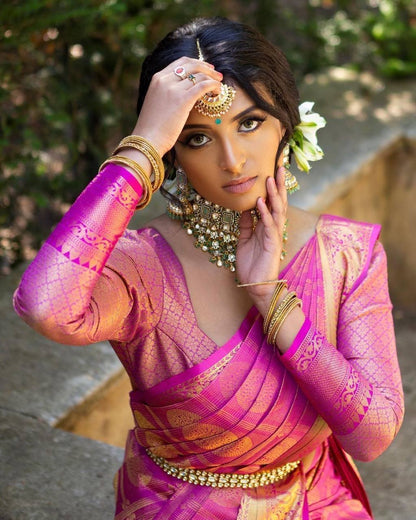 Rani Pink Traditional Kanchipuram Saree with Chex Weaving Woven Blouse