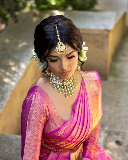 Rani Pink Traditional Kanchipuram Saree with Chex Weaving Woven Blouse