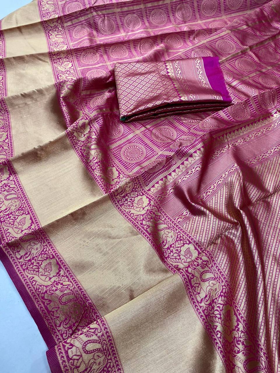 Rani Pink Traditional Kanchipuram Saree with Chex Weaving Woven Blouse