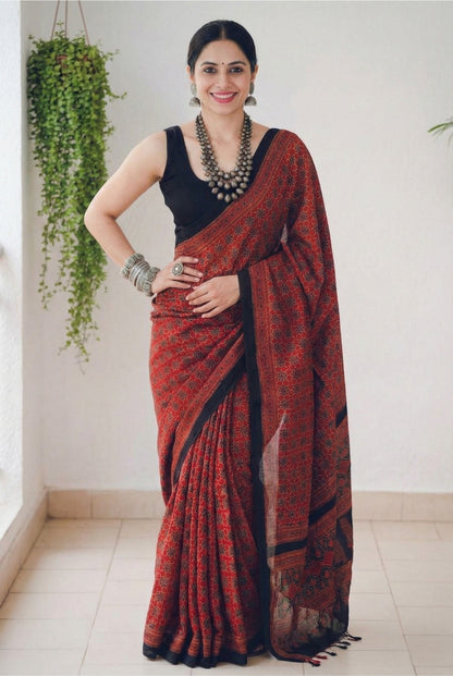 Red and Black Mulmul Cotton Digital Print Saree with Banglori Blouse