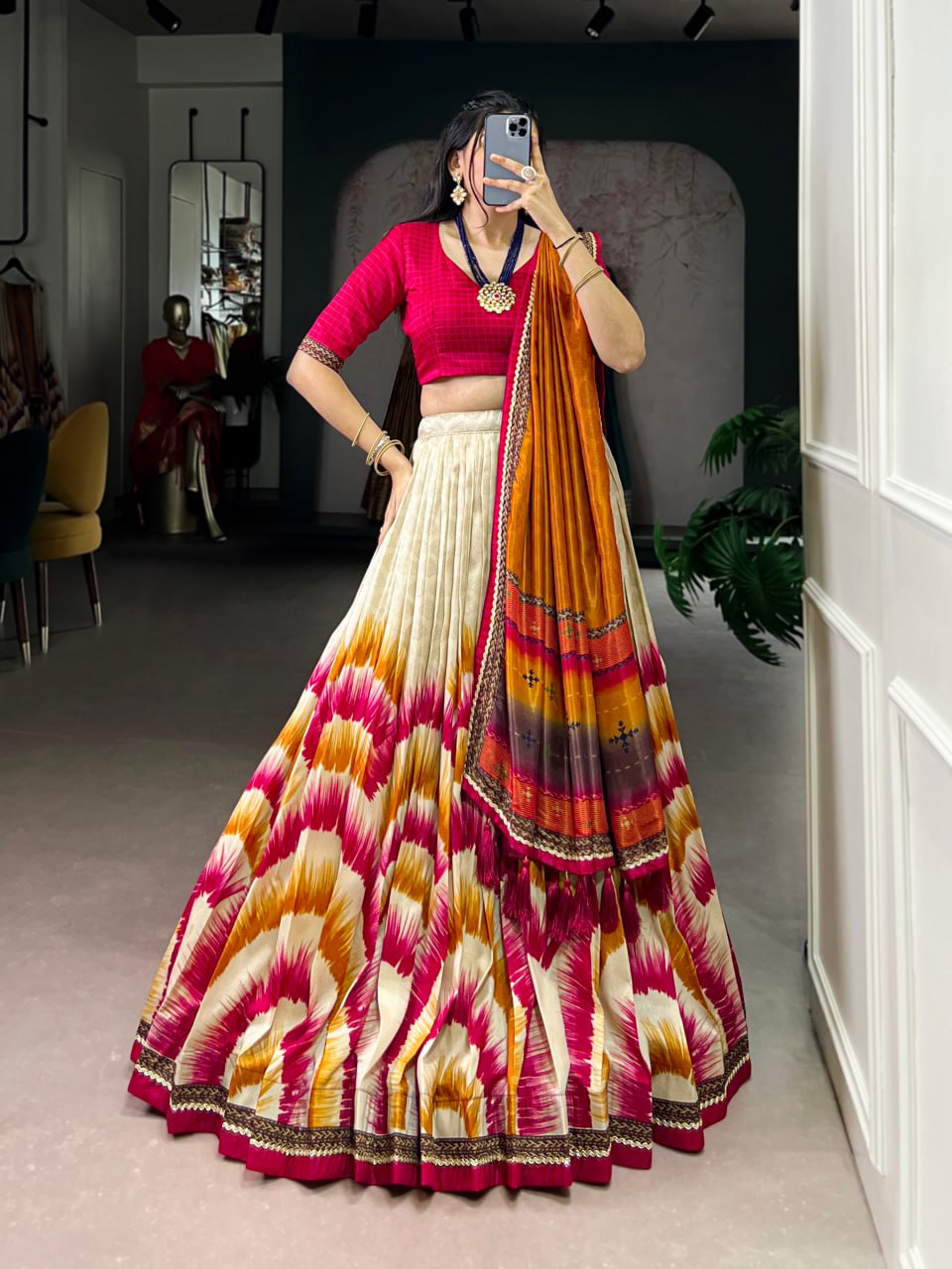Red and Cream Tasar Silk Tie-Dye Print Lehenga Choli with matching Dupatta