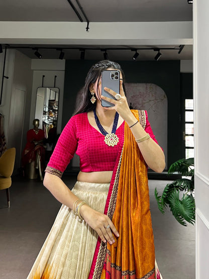 Red and Cream Tasar Silk Tie-Dye Print Lehenga Choli with matching Dupatta