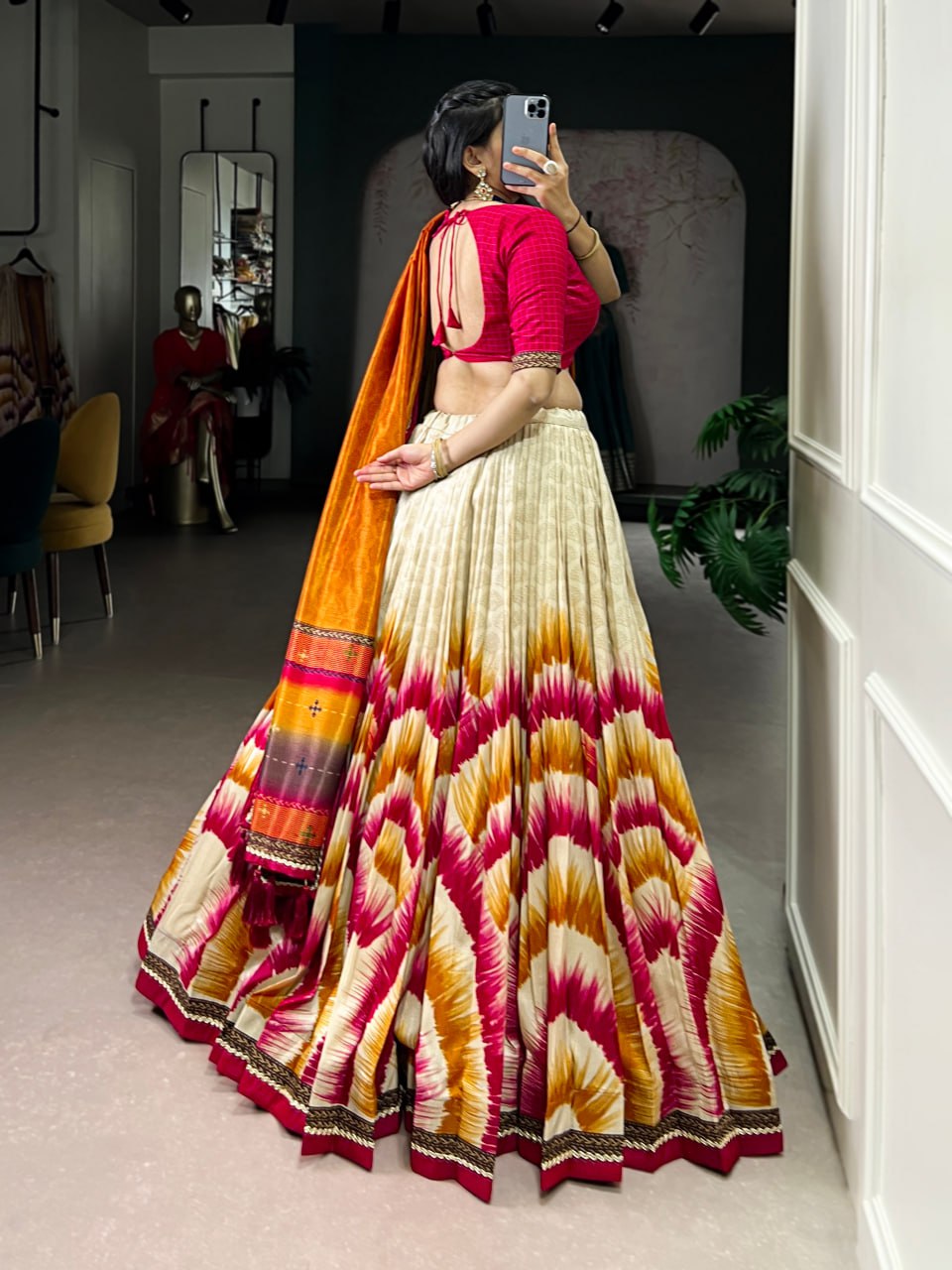 Red and Cream Tasar Silk Tie-Dye Print Lehenga Choli with matching Dupatta