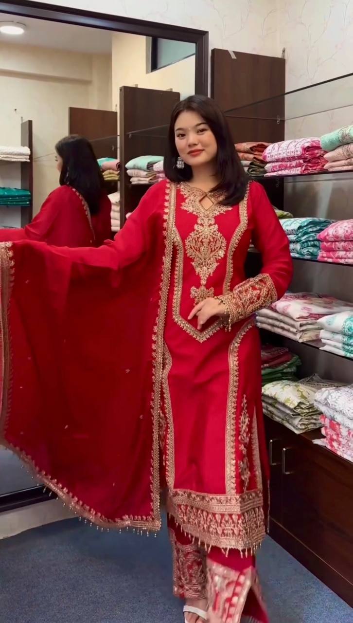 Red Designer Chinon Silk Plazzo Top and Dupatta For Party Wear
