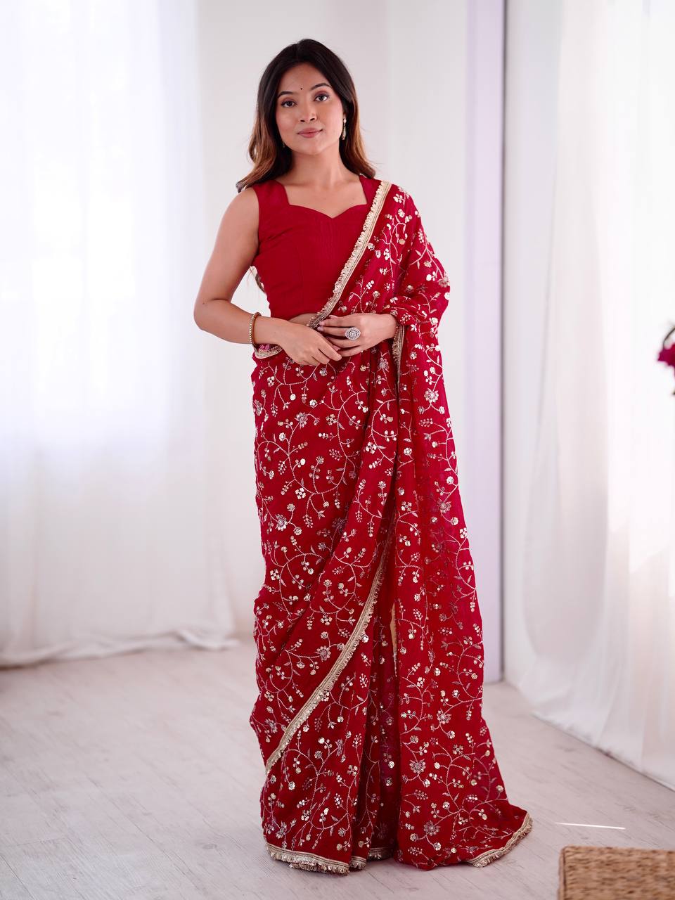 Red Designer Crunchy Silk Embroidered Saree with Lace Border Blouse