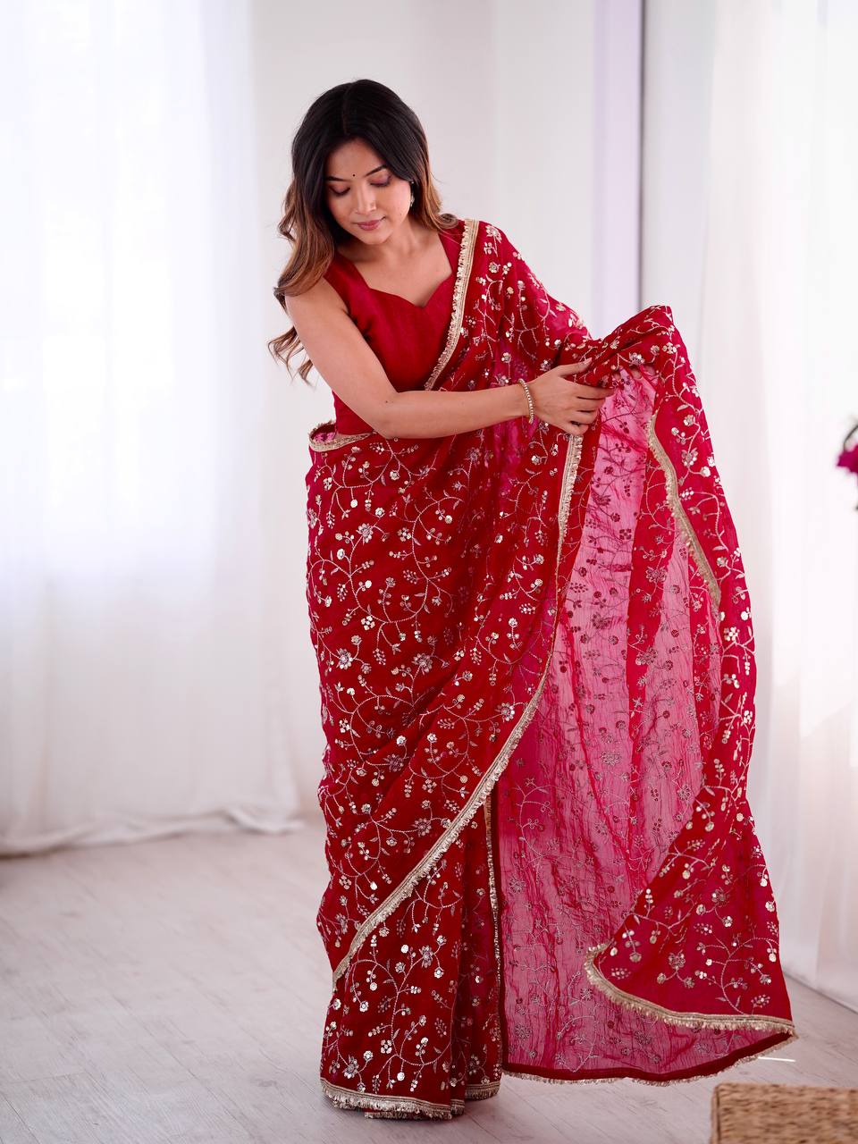 Red Designer Crunchy Silk Embroidered Saree with Lace Border Blouse