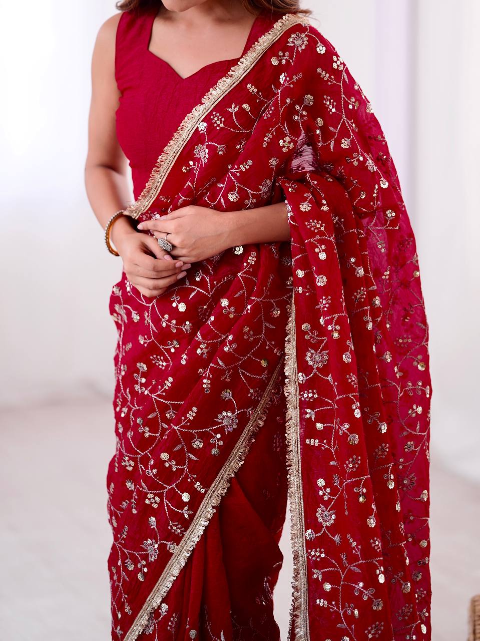 Red Designer Crunchy Silk Embroidered Saree with Lace Border Blouse