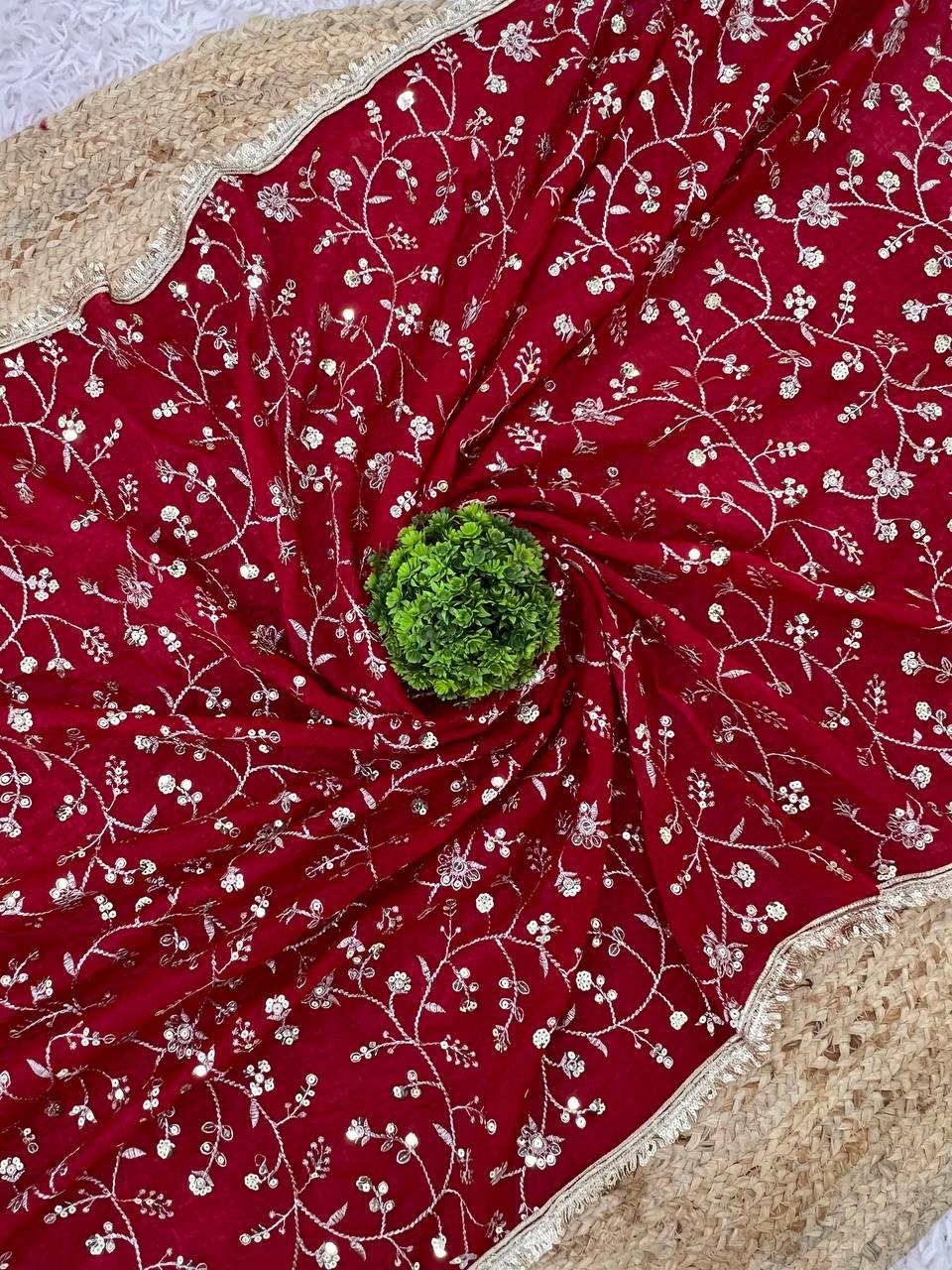 Red Designer Crunchy Silk Embroidered Saree with Lace Border Blouse