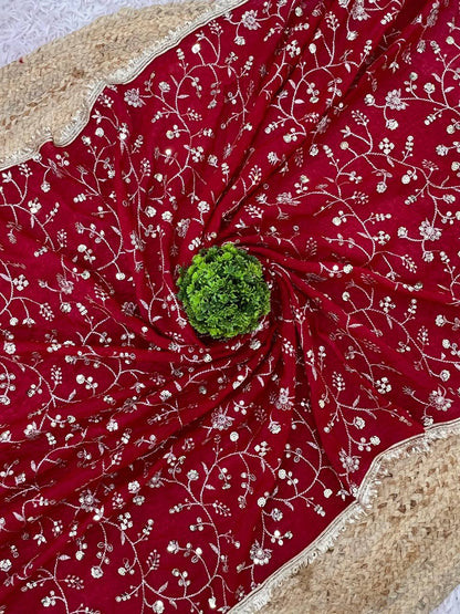 Red Designer Crunchy Silk Embroidered Saree with Lace Border Blouse
