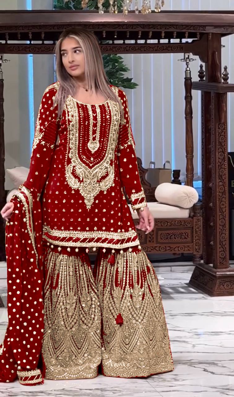 Red Designer Farshi Plazzo Top and Dupatta For Nikah Wear