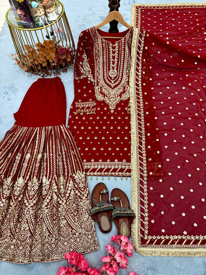 Red Designer Farshi Plazzo Top and Dupatta For Nikah Wear