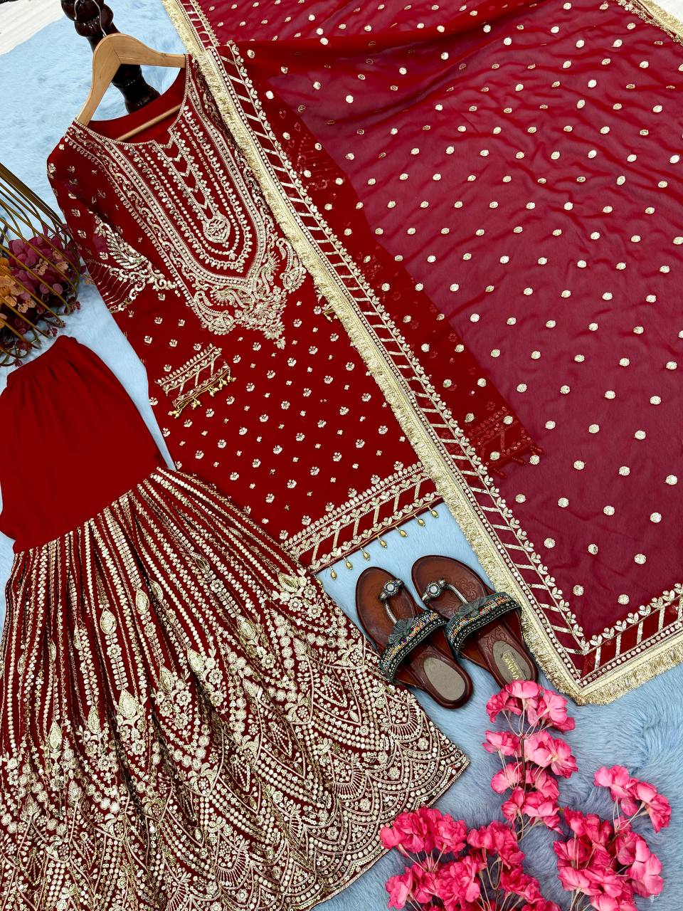 Red Designer Farshi Plazzo Top and Dupatta For Nikah Wear