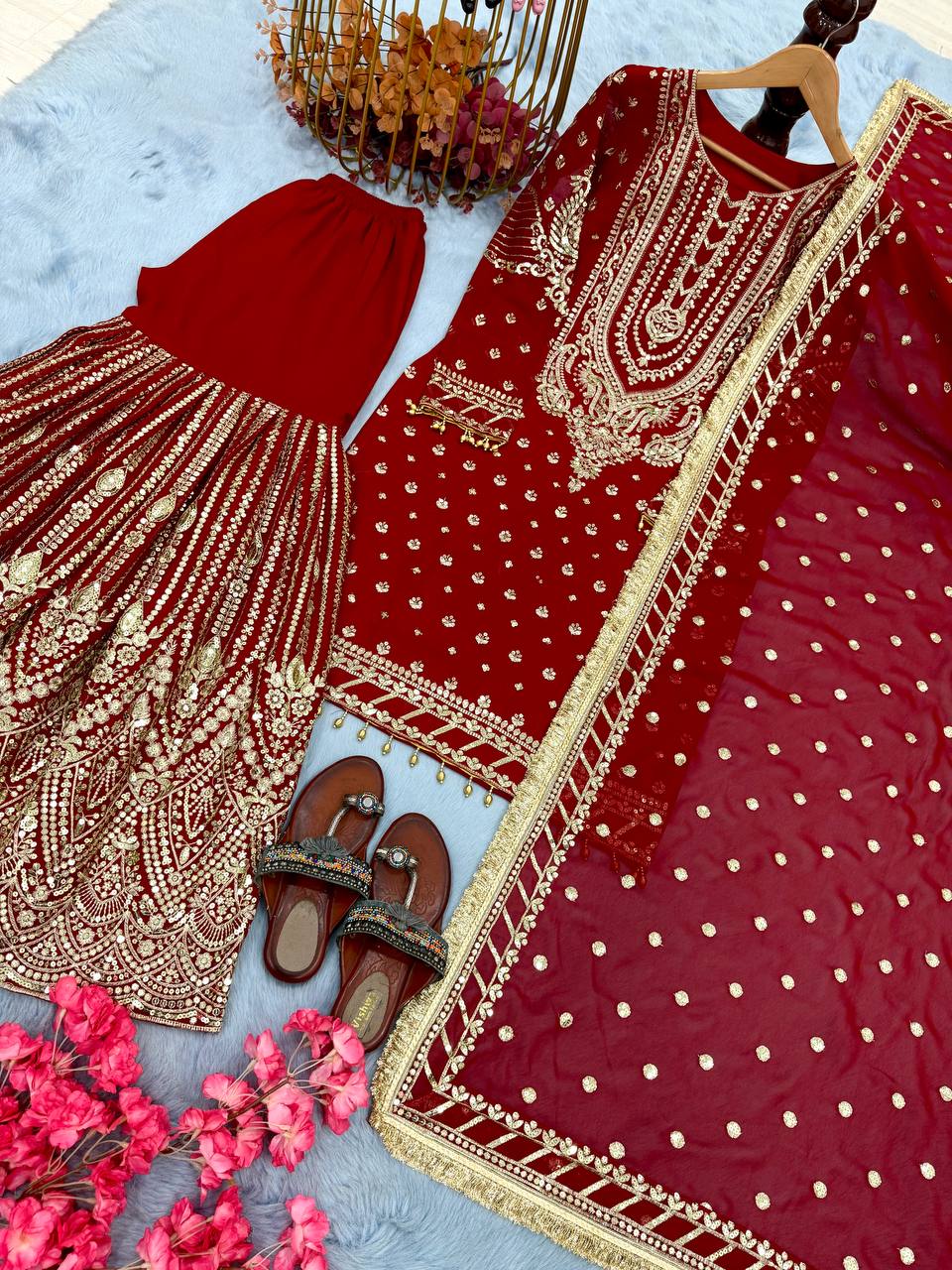 Red Designer Farshi Plazzo Top and Dupatta For Nikah Wear