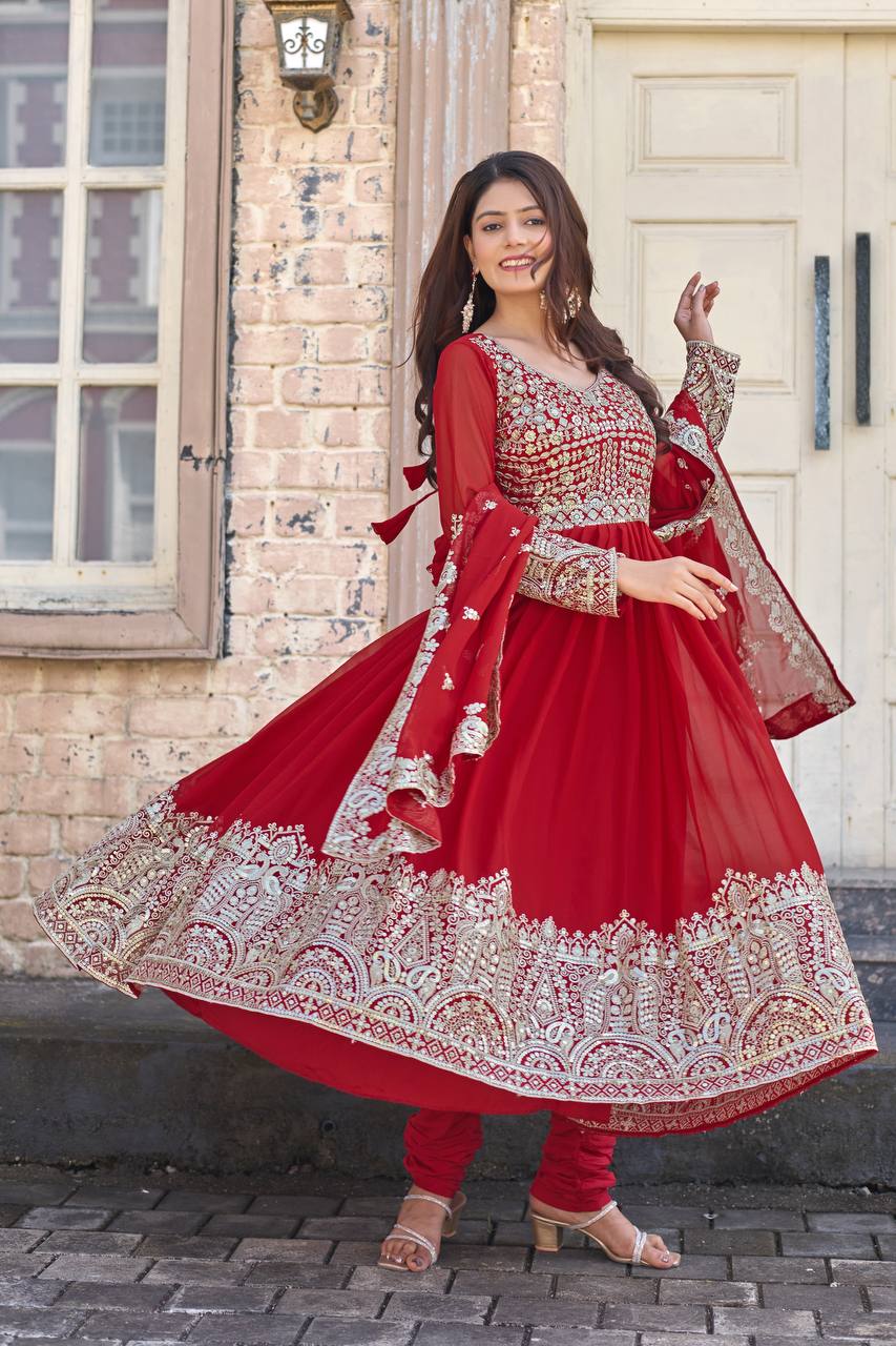 Red Designer Faux Georgette Anarkali Gown and Dupatta For Party Wear