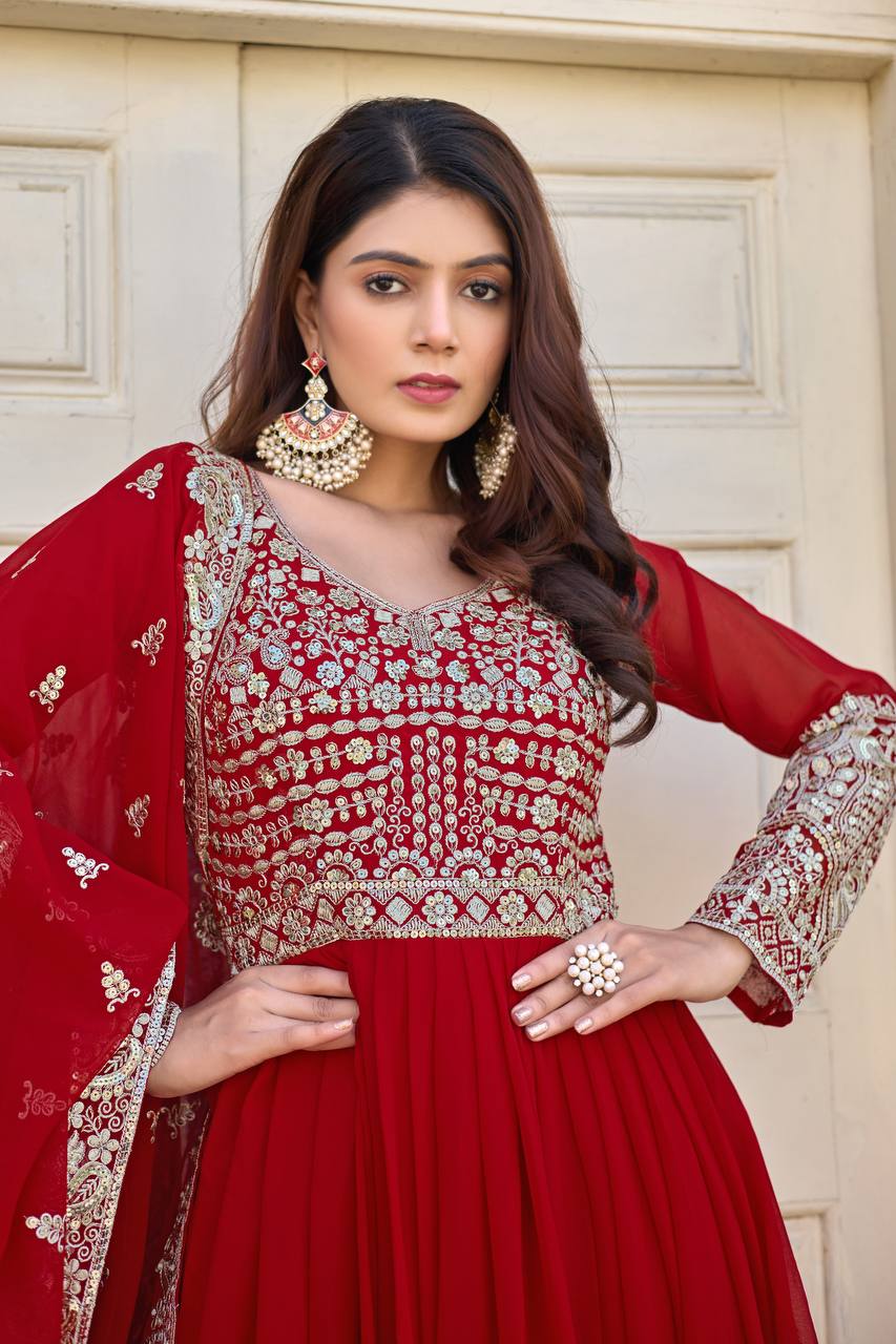 Red Designer Faux Georgette Anarkali Gown and Dupatta For Party Wear