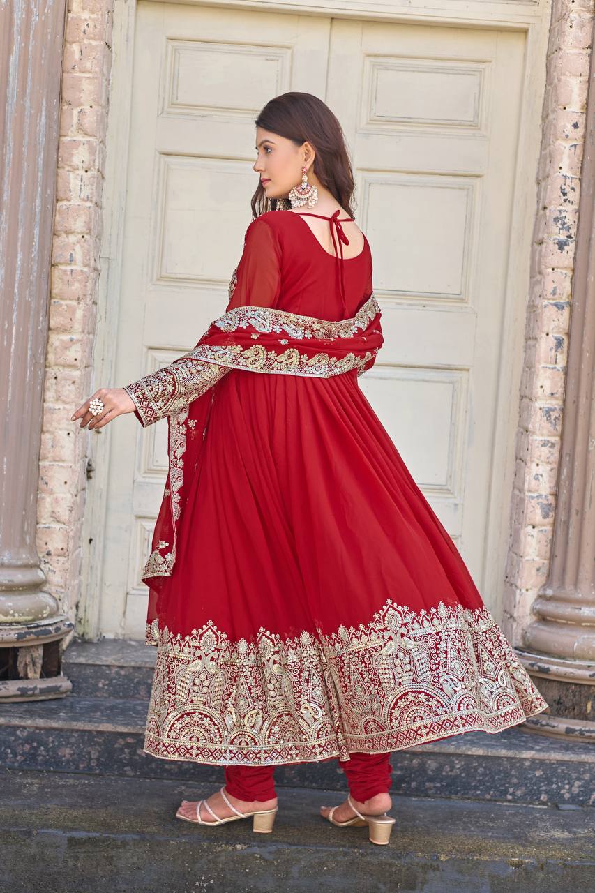 Red Designer Faux Georgette Anarkali Gown and Dupatta For Party Wear