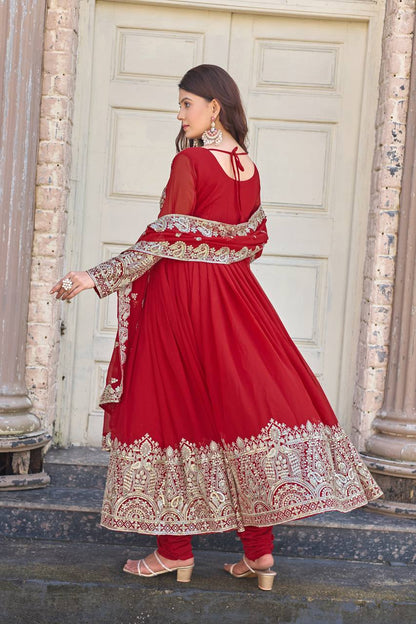 Red Designer Faux Georgette Anarkali Gown and Dupatta For Party Wear