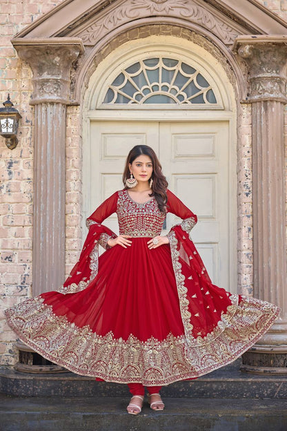Red Designer Faux Georgette Anarkali Gown and Dupatta For Party Wear