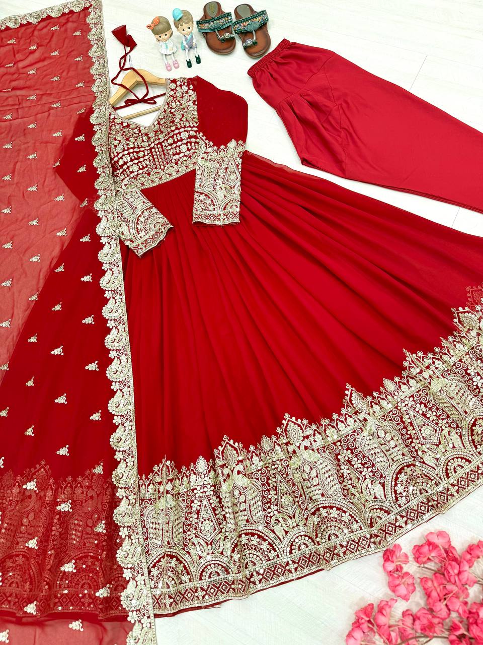 Red Designer Faux Georgette Anarkali Gown and Dupatta For Party Wear