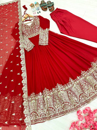 Red Designer Faux Georgette Anarkali Gown and Dupatta For Party Wear