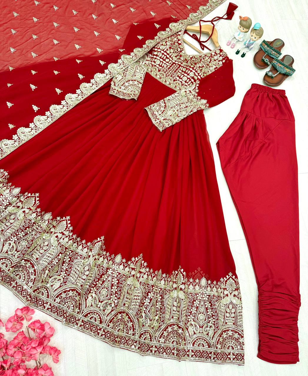 Red Designer Faux Georgette Anarkali Gown and Dupatta For Party Wear