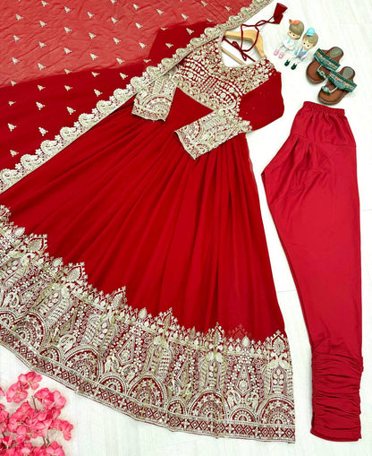 Red Designer Faux Georgette Anarkali Gown and Dupatta For Party Wear