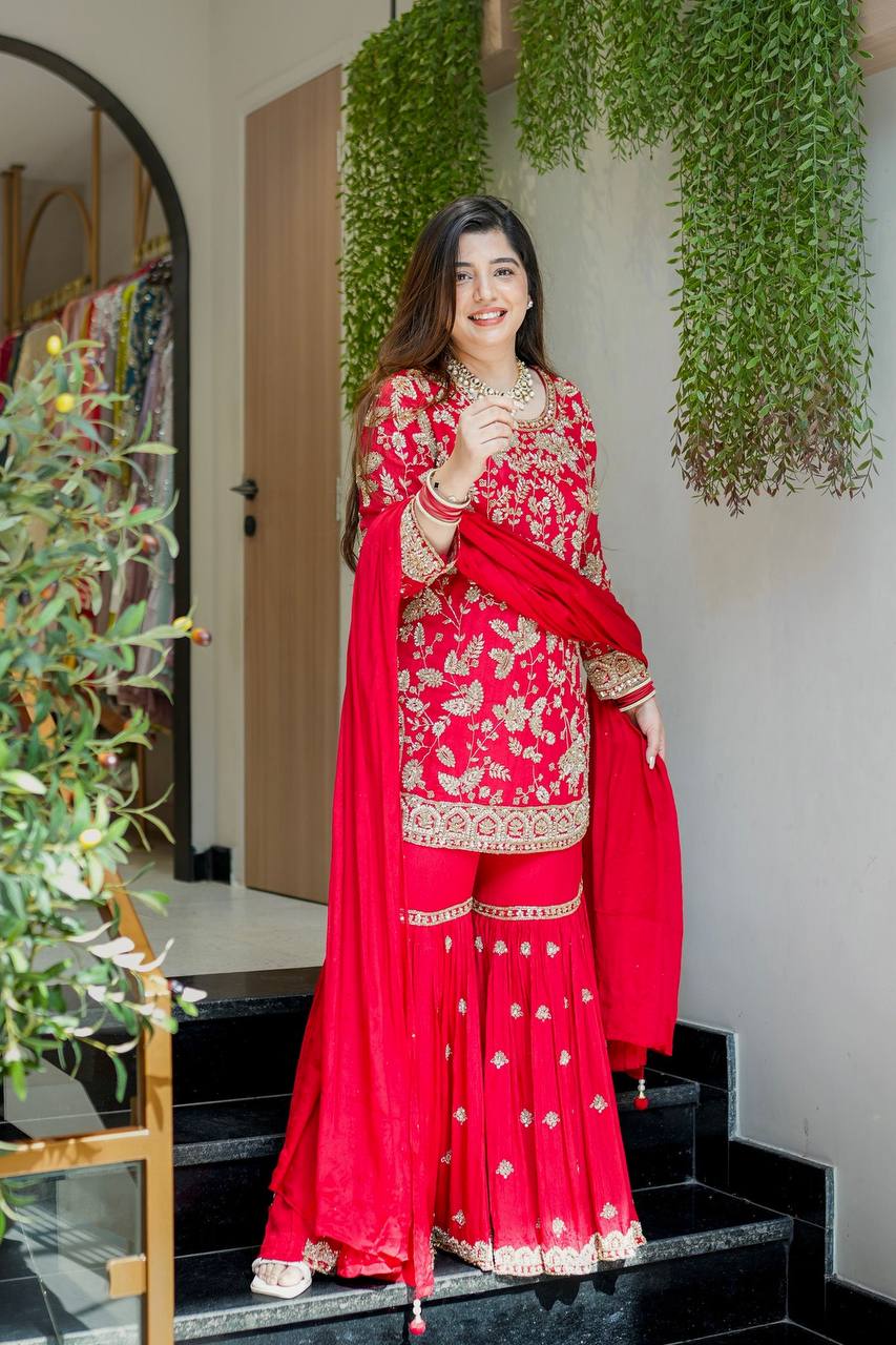 Red Designer Faux Georgette Palazzo Suit and Dupatta For Party Wear