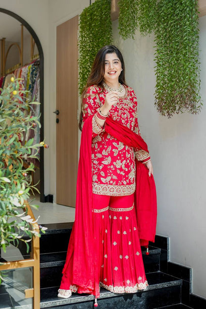 Red Designer Faux Georgette Palazzo Suit and Dupatta For Party Wear
