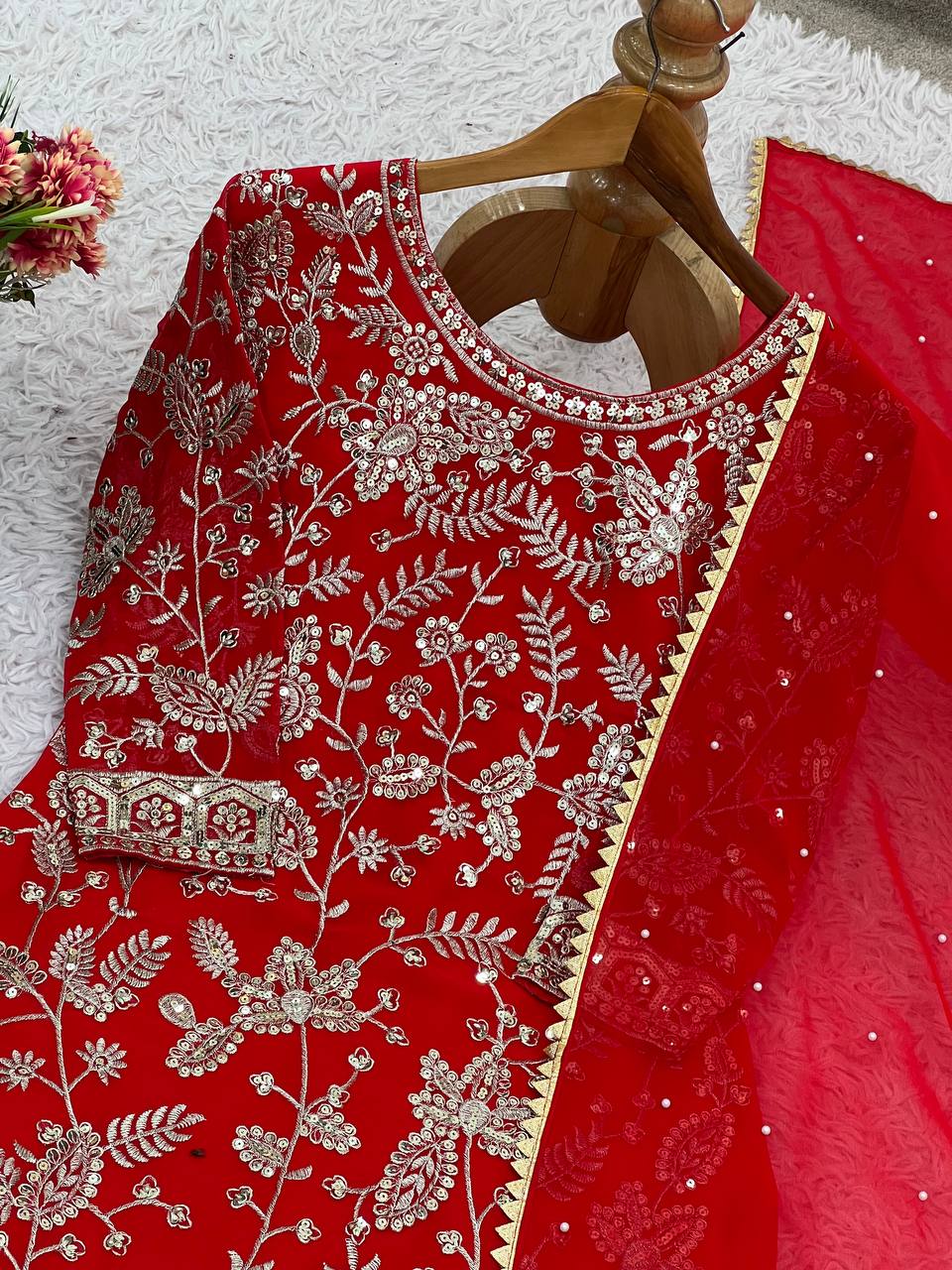 Red Designer Faux Georgette Palazzo Suit and Dupatta For Party Wear