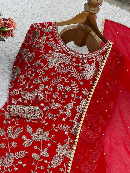Red Designer Faux Georgette Palazzo Suit and Dupatta For Party Wear
